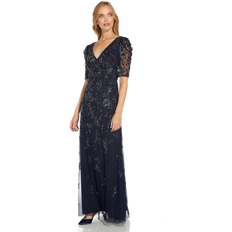 Adrianna Papell Women’s Beaded Surplice Gown(Midnight) - Adrianna ...