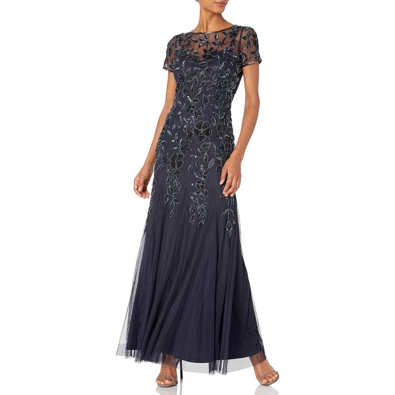 Adrianna Papell Women’s Floral Beaded Godet Long Dress(Blue) - Adrianna ...