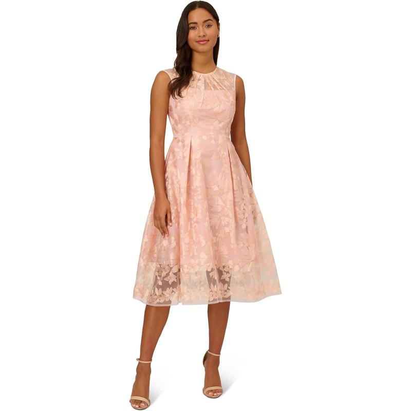 Adrianna Papell Women’s Embroidered Midi Fit and Flare(Apricot Ice ...